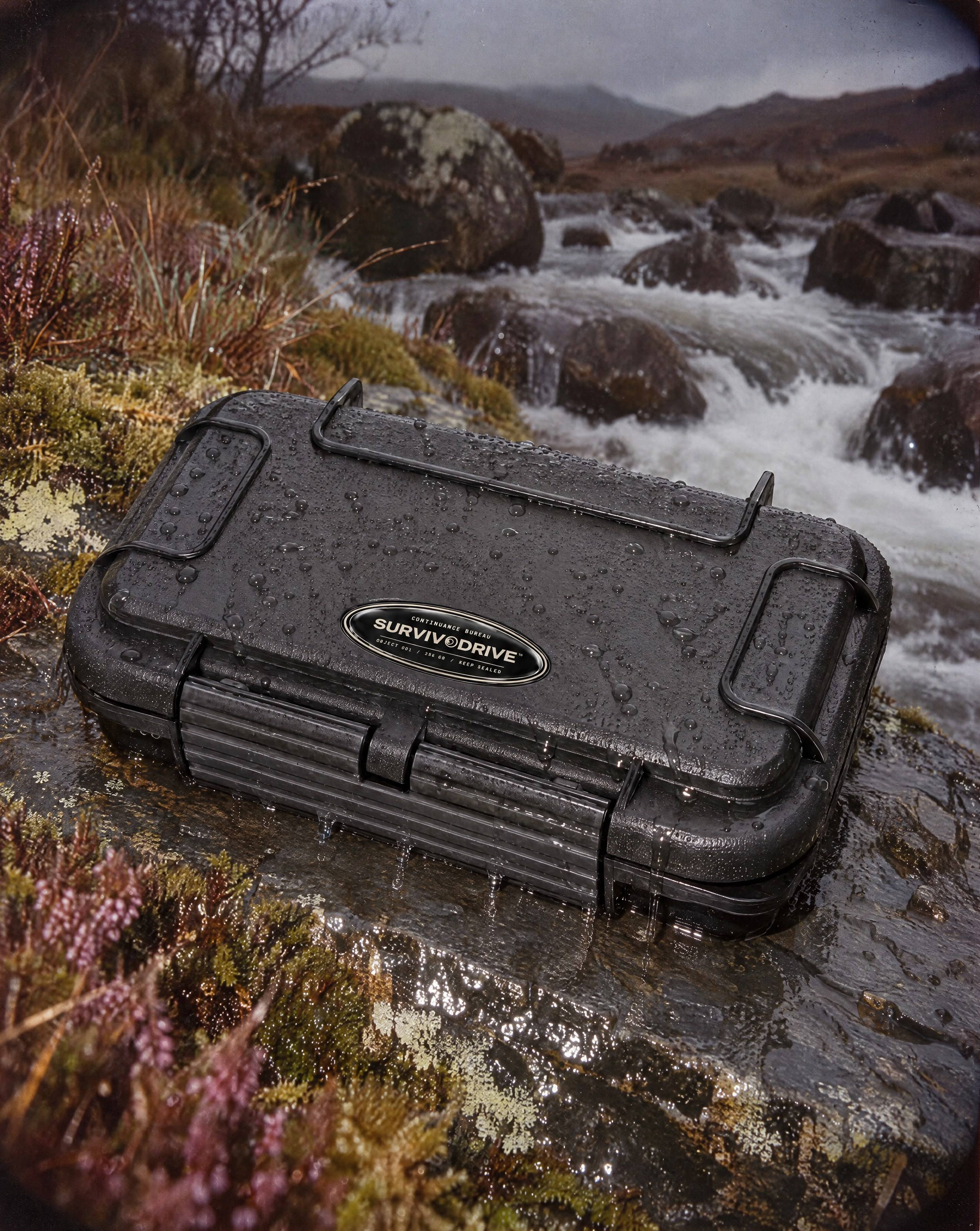 The SURVIVODRIVE case on wet rock beside a highland stream, covered in rain droplets, badge legible