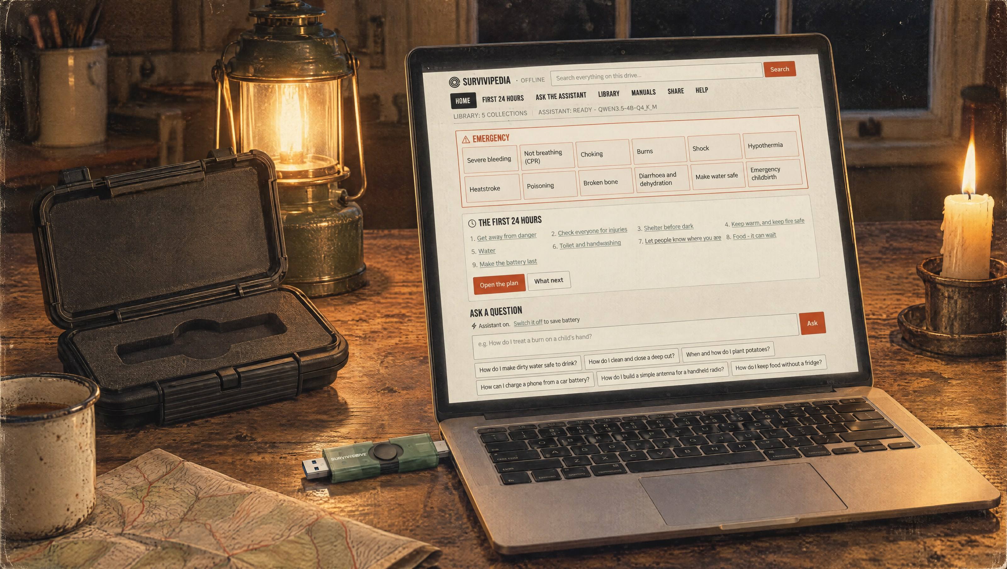 A laptop on a kitchen table during a power cut, lit by a lantern and a candle, showing the Survivipedia offline home screen with the SURVIVODRIVE plugged in and its case open beside it